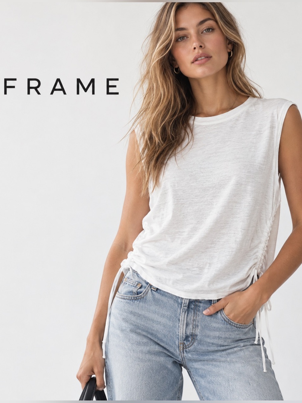 FRAME Organic Linen White Ruched Side Tie Sleeveless Muscle Tee Size Small